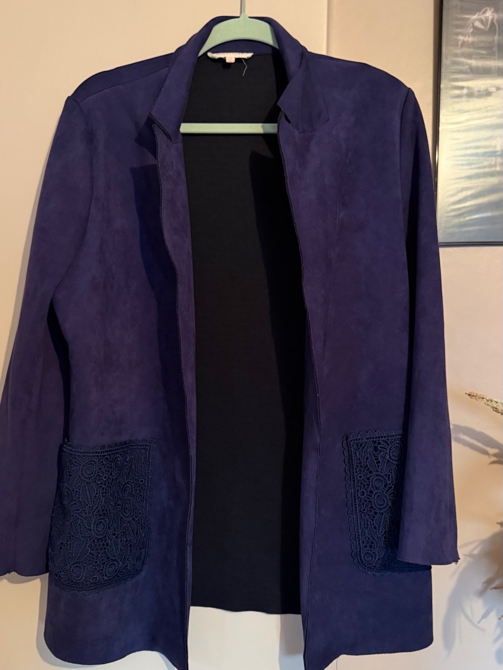Women's Purple Suede Open Front Coat with Lace Pockets